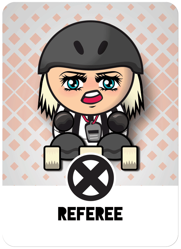 An example of a DerbyGrrls referee card with a colorful illustration of a blond referee character with a whistle around their neck, the symbol of an X, and the word Referee at the bottom.