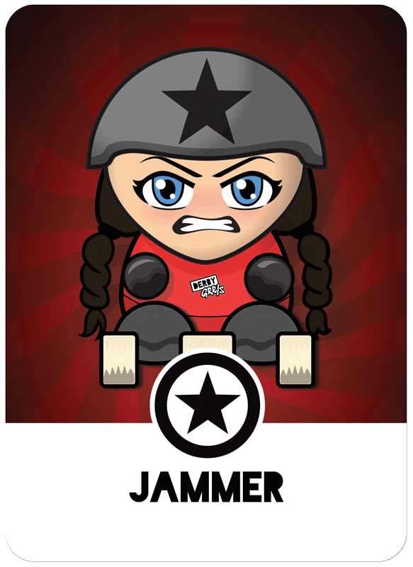 An example of a DerbyGrrls skater card with a colorful illustration of a brown-haired skater with two braids. They are wearing a star on their helmet and have a star symbol and the word Jammer at the bottom of the card.