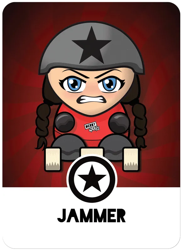 An example of a DerbyGrrls skater card with a colorful illustration of a brown-haired skater with two braids. They are wearing a star on their helmet and have a star symbol and the word Jammer at the bottom of the card.